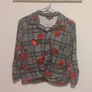 Tied up black,grey,red,plaid Rose's floral shirt 3/4 sleaves